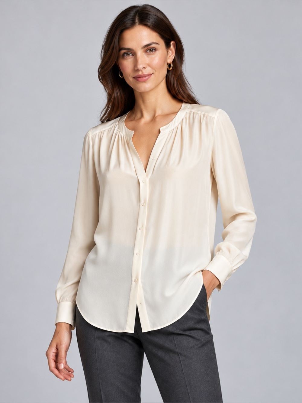 Nordstrom Collection 100% Silk Cream Long-Sleeve Button Front Blouse #11